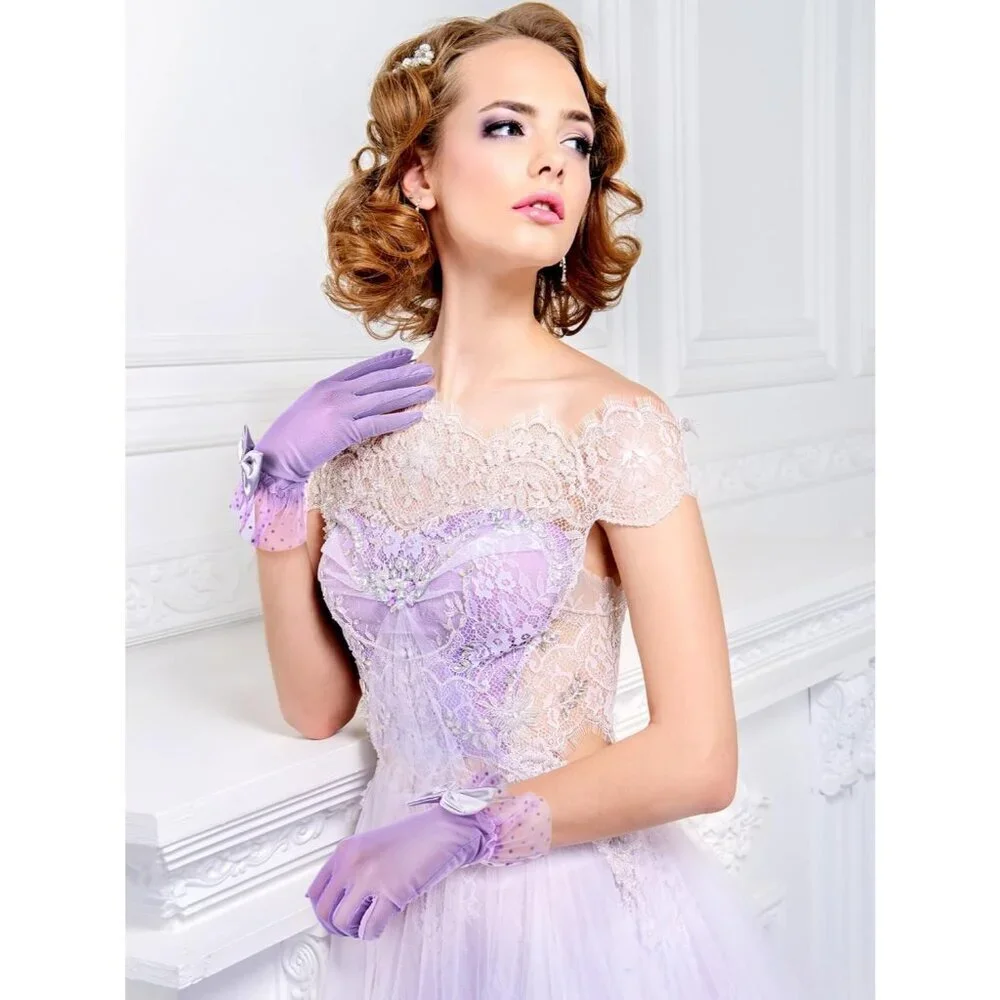 Women's Short Purple Bow Lace Gloves Tea Party Elegant Opera Wedding Accessories